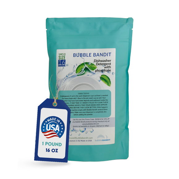 Sampler Size - Bubble Bandit Dishwasher Detergent with Phosphates. 16 wash cycles in a 1 lb bag.