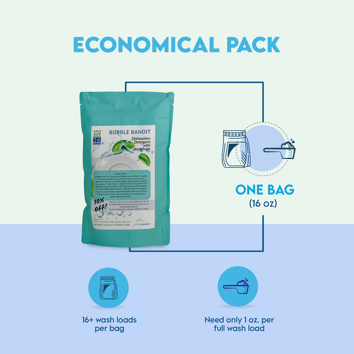 Travel Size “Sample” Bag (16 oz.) Bubble Bandit Dishwasher Detergent for Spotless Dishes and Glassware in Hard Water