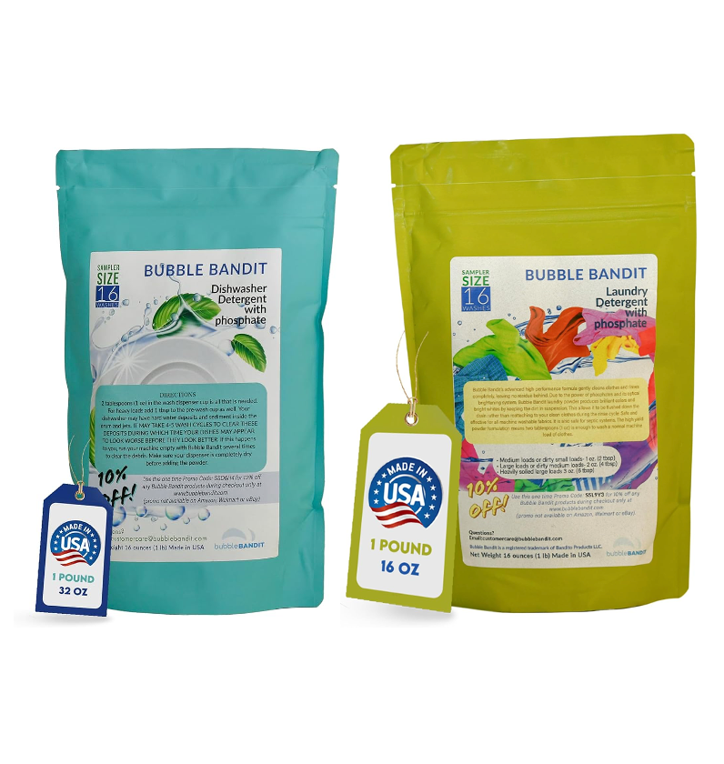 Sampler Size Combo Pack of laundry & dishwasher detergent with phosphates.